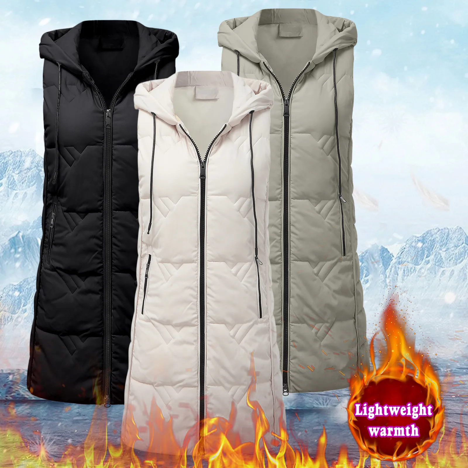 Womens Sleeveless Down Vest Coat Long Quilted Vest Hooded Button Down Puff Vest Cotton Padded Jacket Winter warm Outerwear