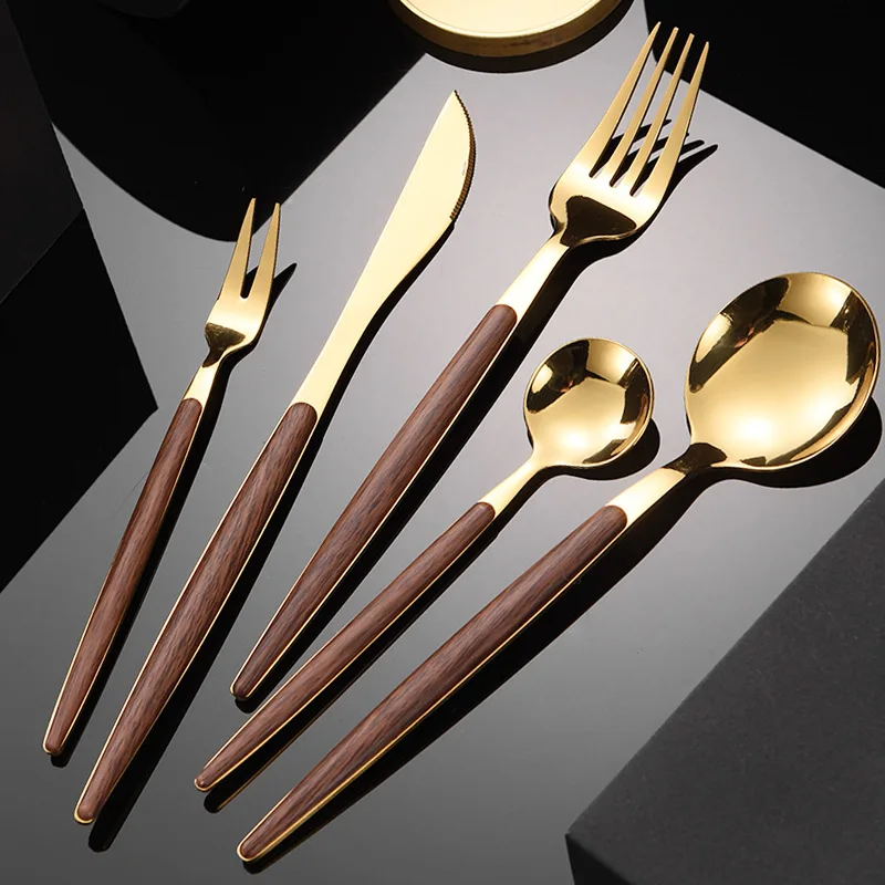 

Gold Imitation Walnut European Tableware 430 Stainless Steel Knife, Fork And Spoon Western Food Steak Pasta Household 5-piece Se