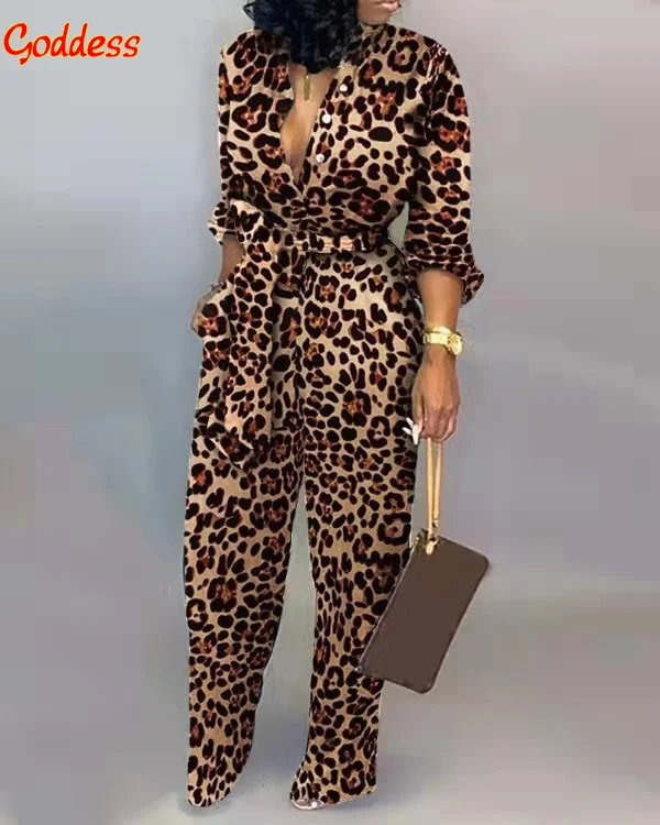 New Spring Women's Street Sexy Jumpsuit Cardigan Printed Long Sleeve Top Tie Jumpsuit Office Temperament Workwear