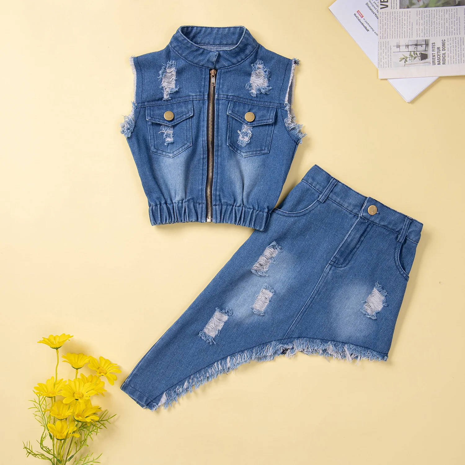 

2022 Kids Sets Shirts Skirts O-neck Collar Sleeveless Zipper Elastic Waist Above Knee Length Solid Soft Summer Kids Girls