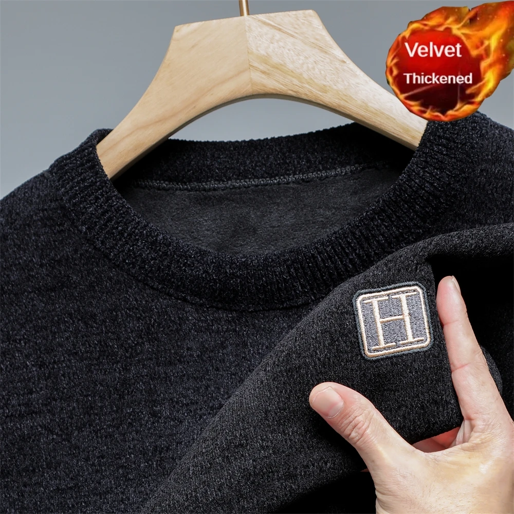 Зимний мужской теплый флисовый свитер с круглым вырезом и вышивкой вязаные