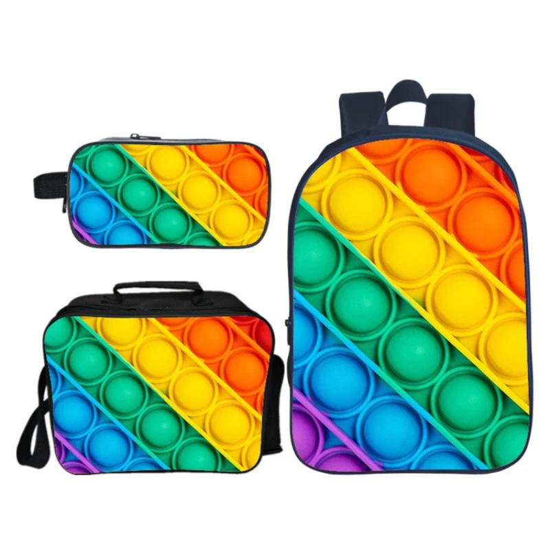 3 Piece Set 16 Inch Pop Its Peripheral Printed Children School Bags Cute Girl Boy Rainbow Backpack