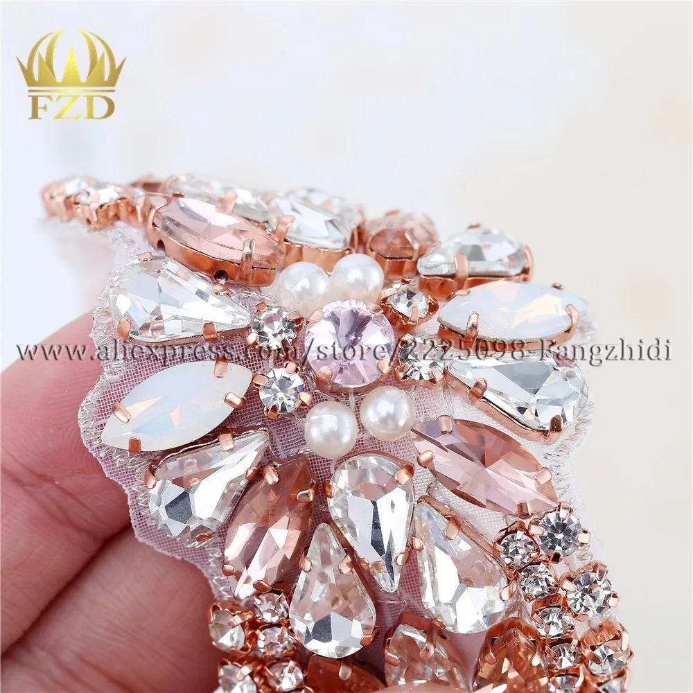 FZD 2 pieces Clear Rhinestone Sewing Sash Belt Sliver Appliques Stoned Patch Wedding Decoration Trimming apply for crafts images - 6