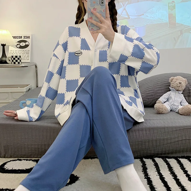 Yasuk Spring Autumn Fashion Women's Casual Soft Plaid Sleepwear Homewear Pajamas Set With Pants Sweet Lovely Girl Blue