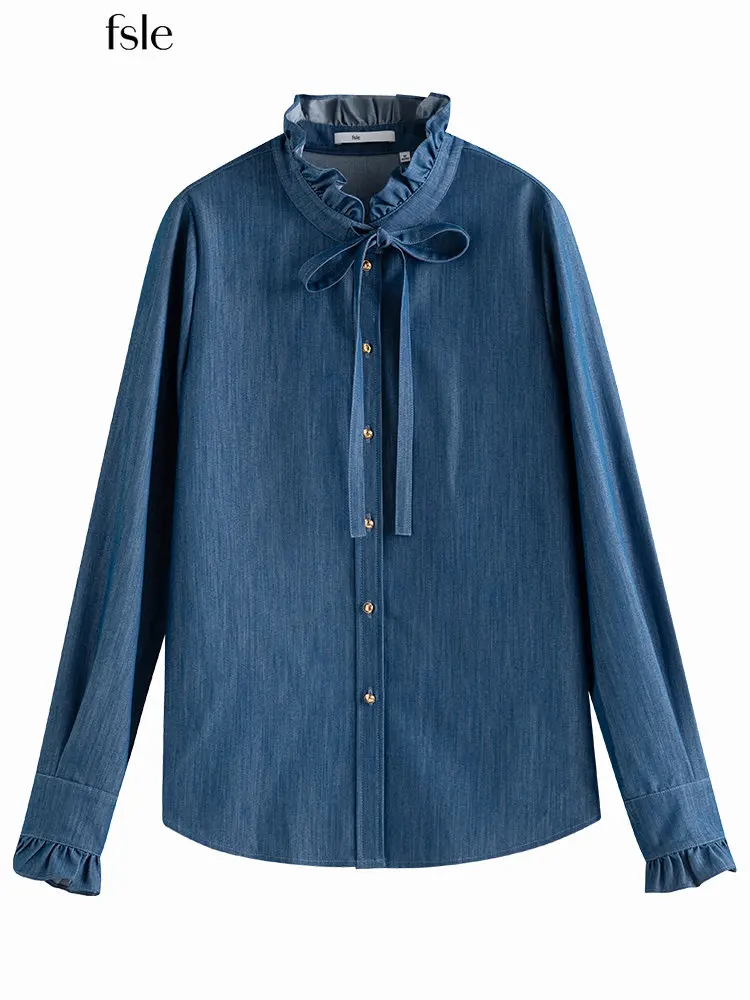 

Женская джинсовая рубашка с оборками, V-образным вырезом и длинным рукавом