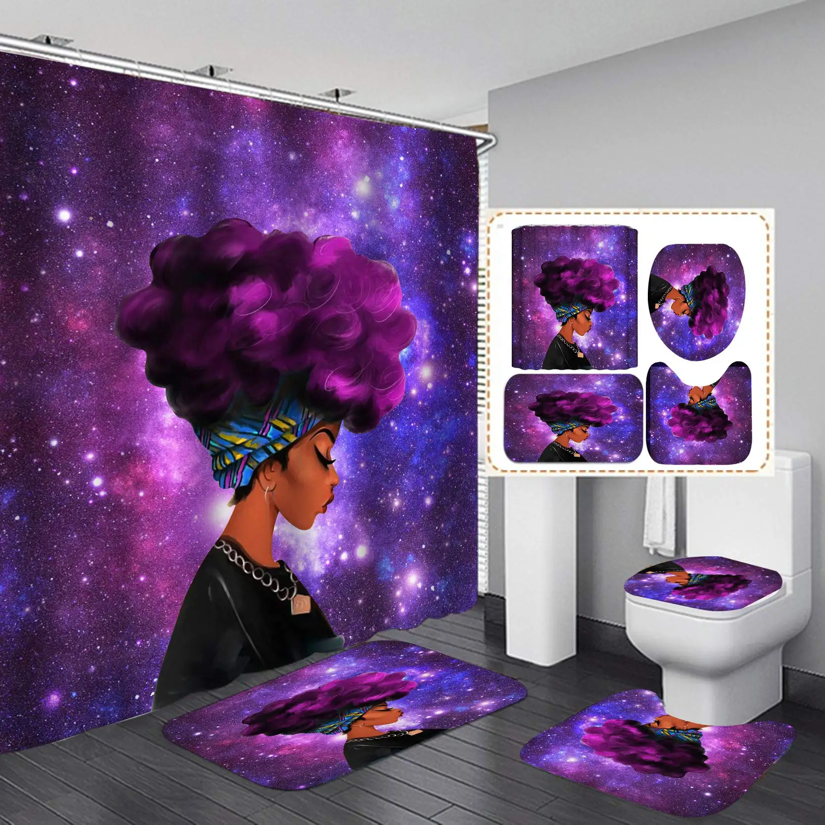Fashion Elegant Afro Black Girl Shower Curtain Set Fantasy Galaxy Ethnic Sexy African American Woman Bathroom Rug Toilet Carpet
