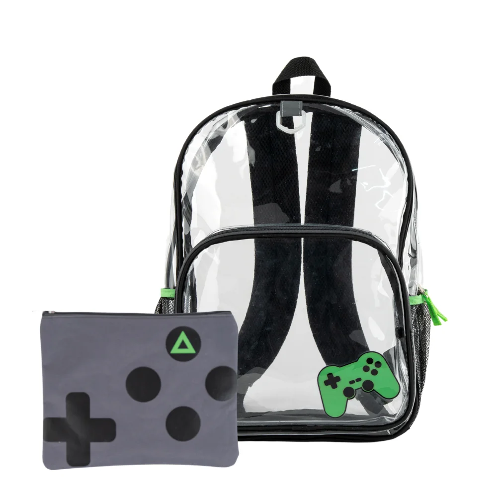 

Boys Clear Backpack Gaming Clear Bag with Pencil Pouch and Carabiner Clip 16 Inch