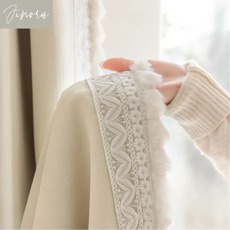 French cream style curtains for bedroom and living room high-end white cloud velvet thick chenille blackout customized