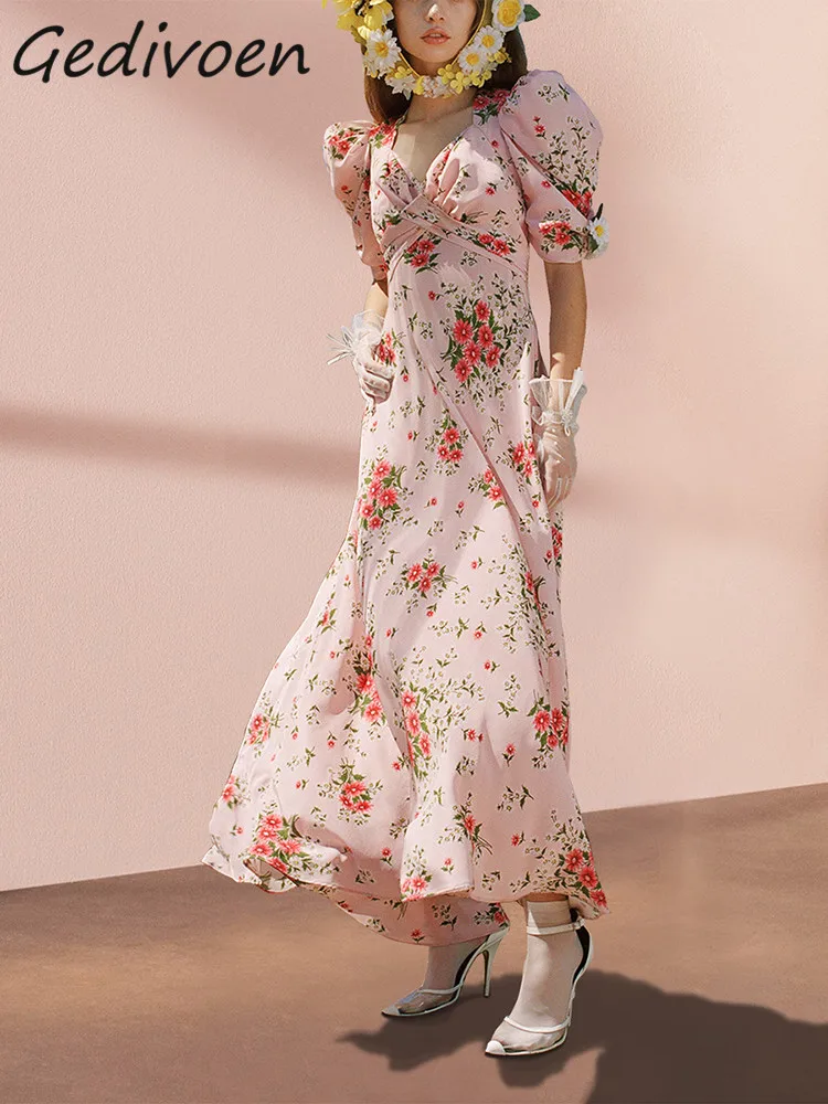 

Модное дизайнерское летнее элегантное платье Gedivoen, женское платье с пышными рукавами и V-образным вырезом, длинное платье с присборенной талией и цветочным принтом