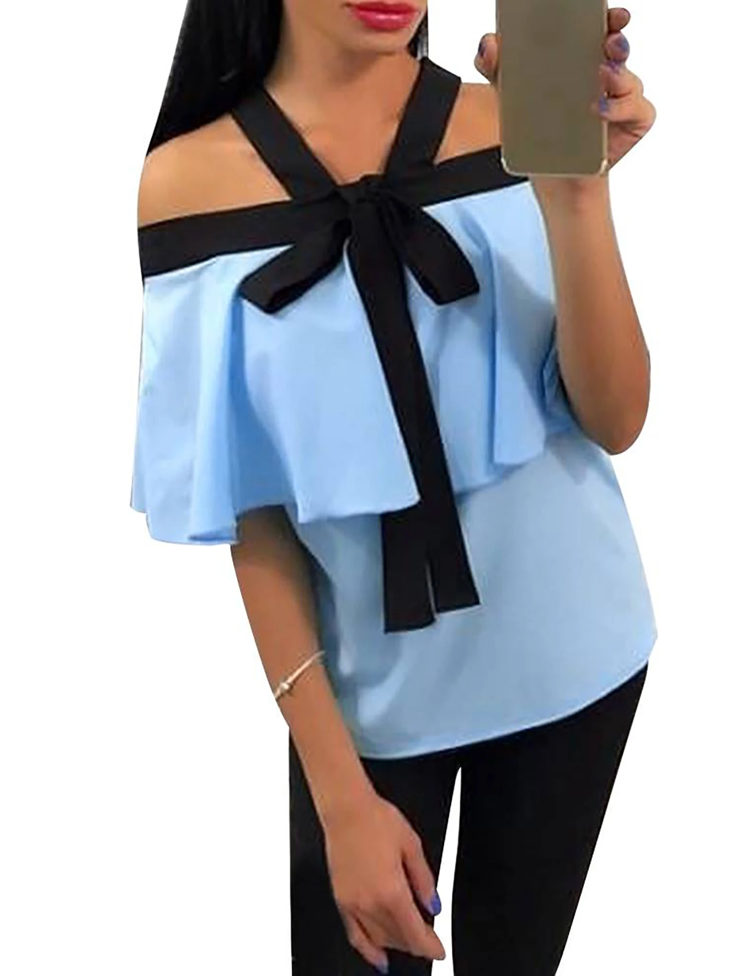 

Off Shoulder Women's Tops Bow tie Summer Woman Tshirts Ruffle Short Sleeve Tee For women 2022 Slash neck ropa mujer Sky Blue