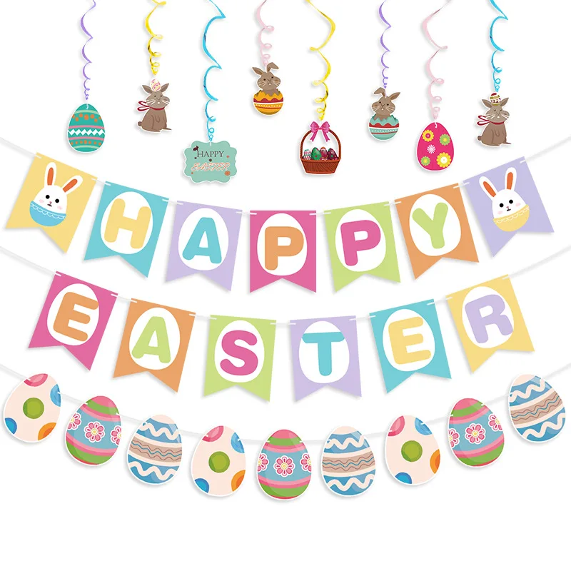 

Happy Easter Banner Egg Bunny Easter Hanging Swirl Foil Ceiling Decoration for Home Office School Easter Themed Party Decoration