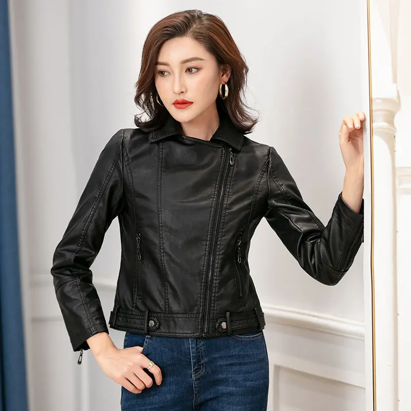 Basic Leather Top  Ladies Motorcycle Leather Jacket Spring  Autumn Thin Women's Leather Lapel Zipper Slim Korean Coat