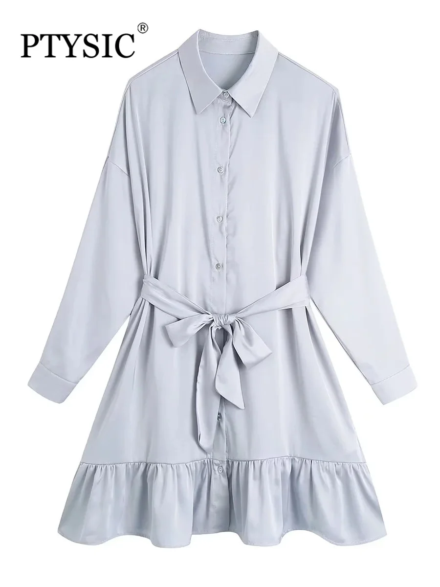 

Стильное женское модное однотонное мини-платье с завязкой на талии, летнее повседневное женское платье с оборками и длинным рукавом, 2022