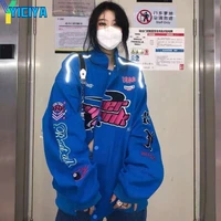 yiciya embroidered double jacket blue womens oversize bomber racer reflective casual y2k streetwear coat spring and autumn 2022