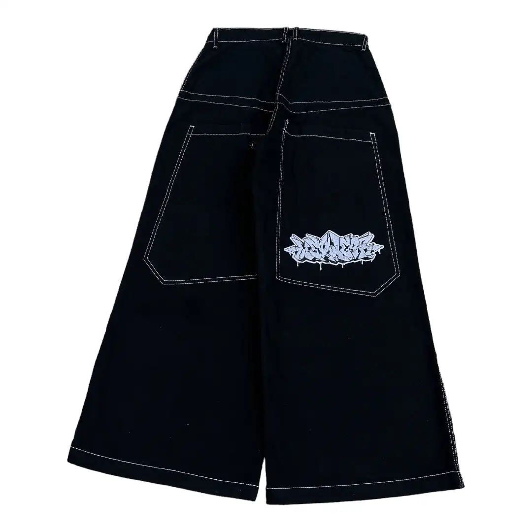 Черные широкие джинсы с бахромой в стиле хип-хоп