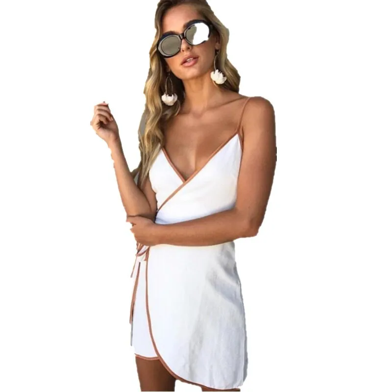 

2023 Summer V-Neck Contrast Color Halter Vacation Beach Crisscross Tie Pure Color Miniskirt Dress for Women Bodycon White Dress
