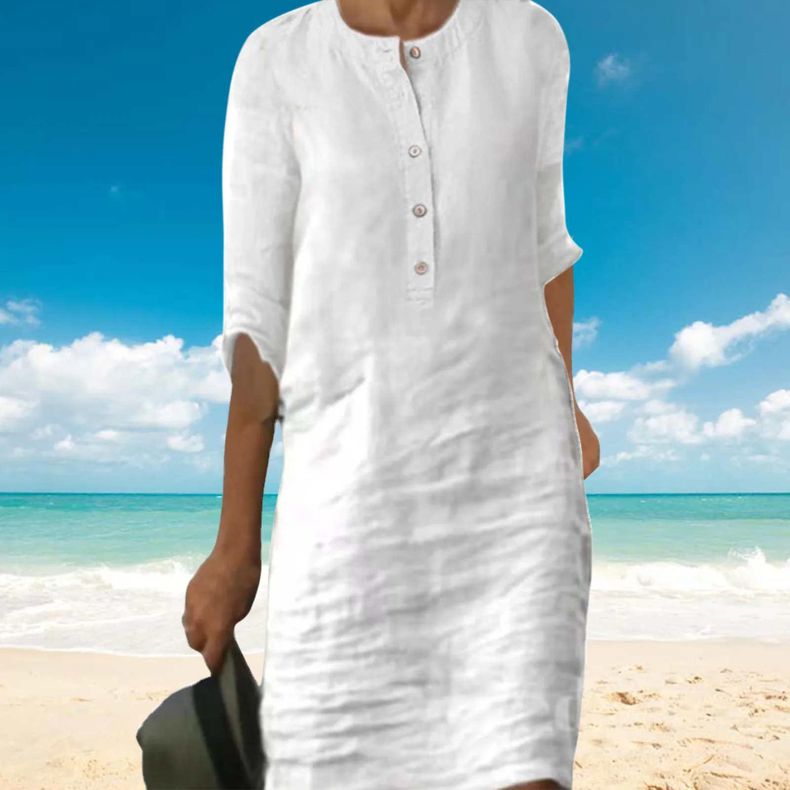 

Женское платье с коротким рукавом и вырезами, повседневное однотонное платье из хлопка и льна, модель 2023 года, модное женское льняное мини-платье со стоячим воротником