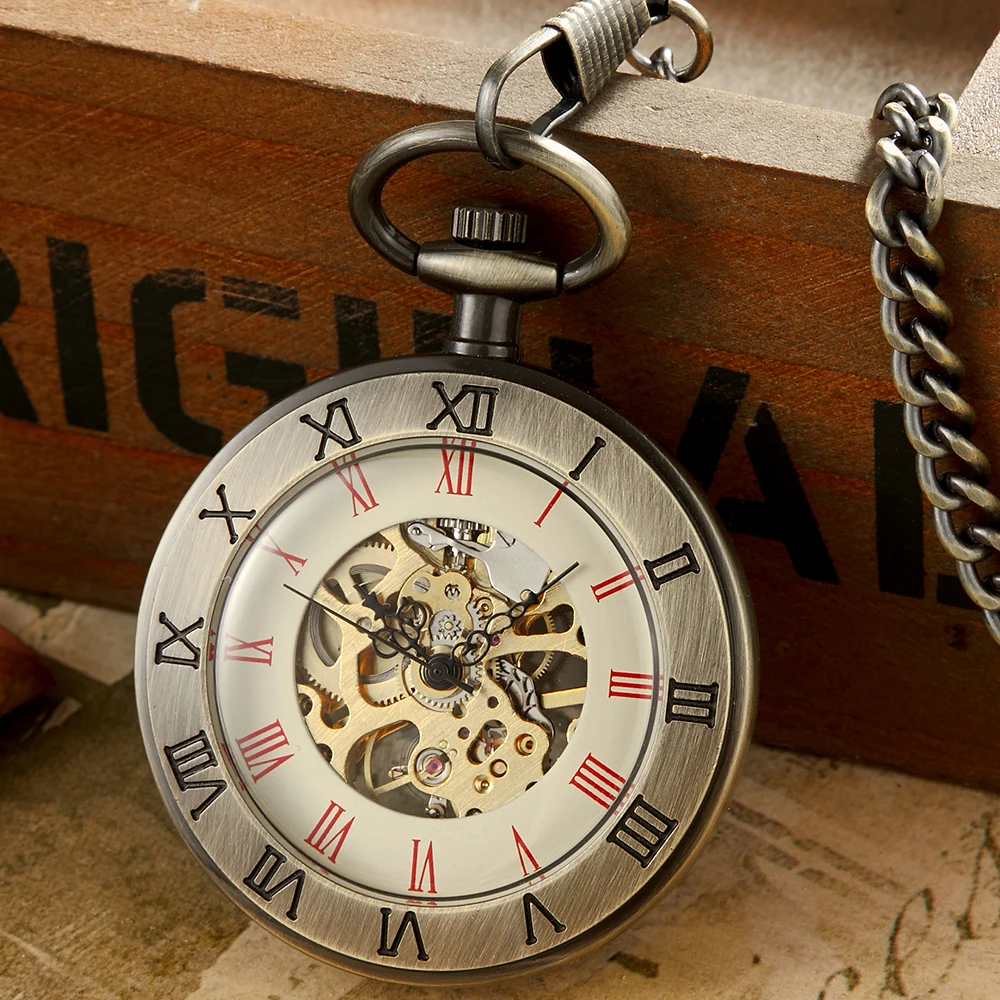 Bronze Vintage Mechanical Pocket Watch Men Roman Dial Fob Chains Skeleton Steampunk Clock Antique Pendant Necklace reloj hombre