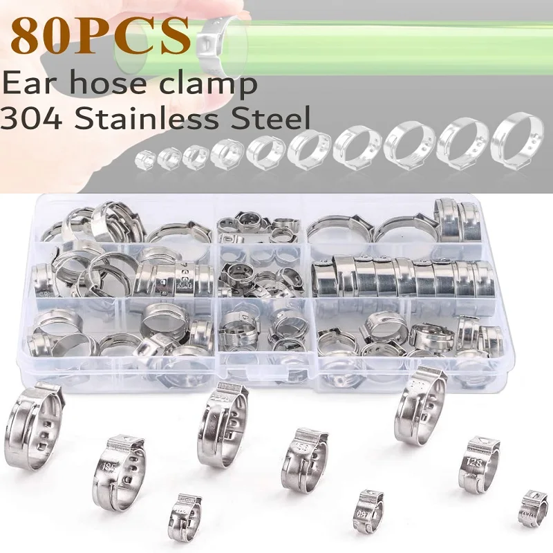 

80pcs Single Ear Stepless 304 Stainless Steel 5.8-23.5mm Hose Clamps with Pincer Assortment Kit for Securing Pipe Hoses Use