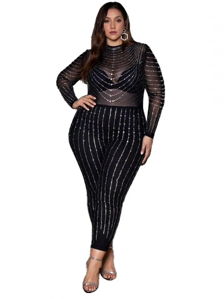 

Pencil Pants Jumpsuit Women With Diamond Full Sleeve Rompers Summer New Fashion Solid Mesh See Through Sexy Clubwear Jumpsuits