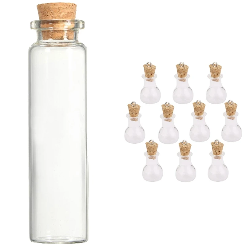 

10 Pcs Glass Bottle Cork Glass Bottle Pendant & 10 Pcs 20Ml Mini Clear Wishing Bottle Message Glass Vial