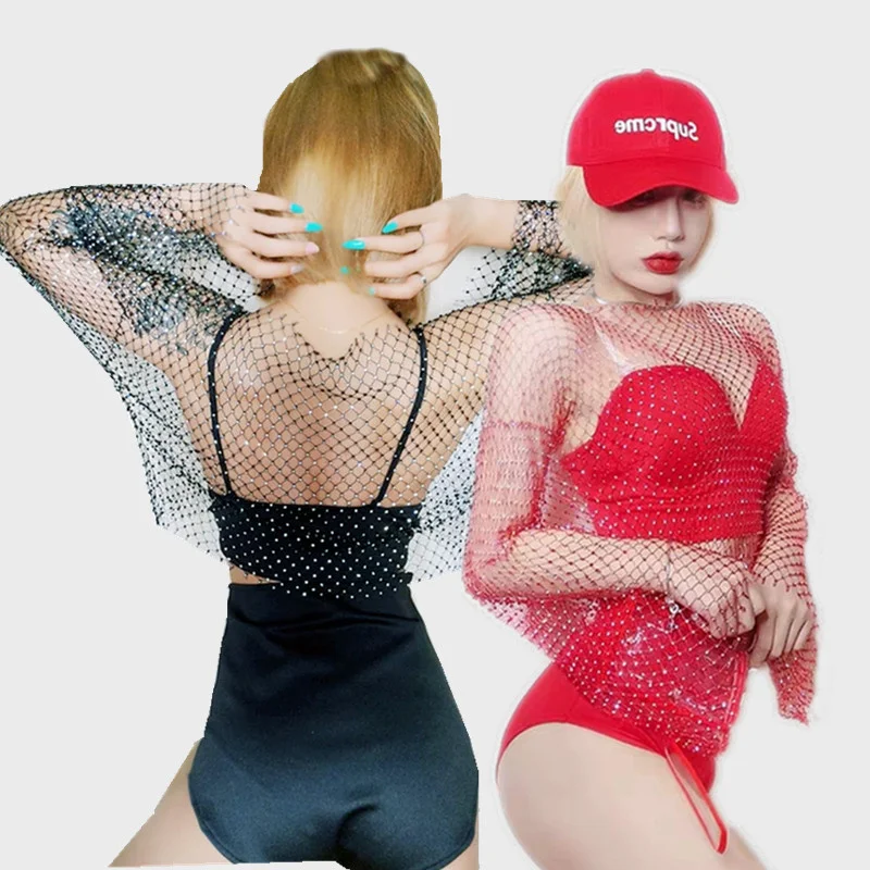

New bar DS performance clothes Korean Dance Girls Sexy gogo clothes women's net Diamond Long Sleeve suit DJ women's stage