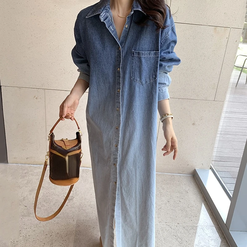 

Женское джинсовое платье с отложным воротником, однобортное свободное облегающее платье в Корейском стиле, модель 2023 на весну и лето