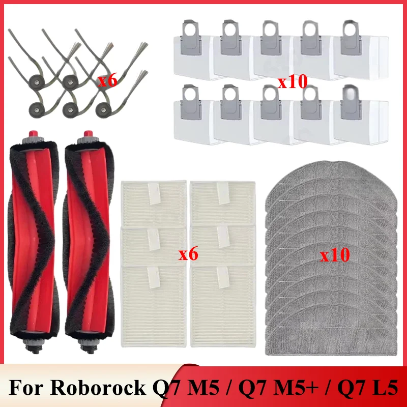 Фото Запасные части для Roborock Q7 M5/Q7 M5+/Q7 L5/Q7 L5+/Q7 TF/Q7 TF+/Q7B/Q7T+/Q7 BF+: основная щетка, боковая щетка, фильтр, мешок для пыли, тряпка для швабры №1