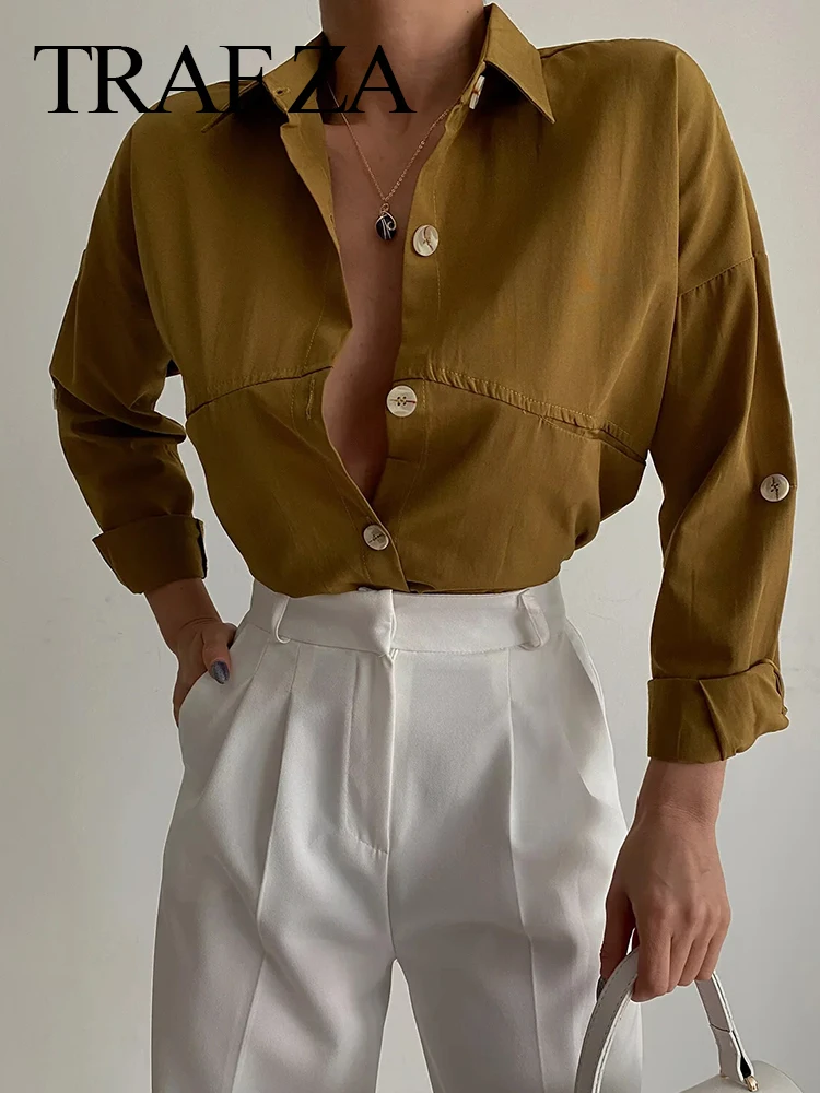 

Повседневная Свободная однотонная темно-коричневая Женская рубашка TRAF ZA, элегантная повседневная шикарная Дамская рубашка с отложным воро...
