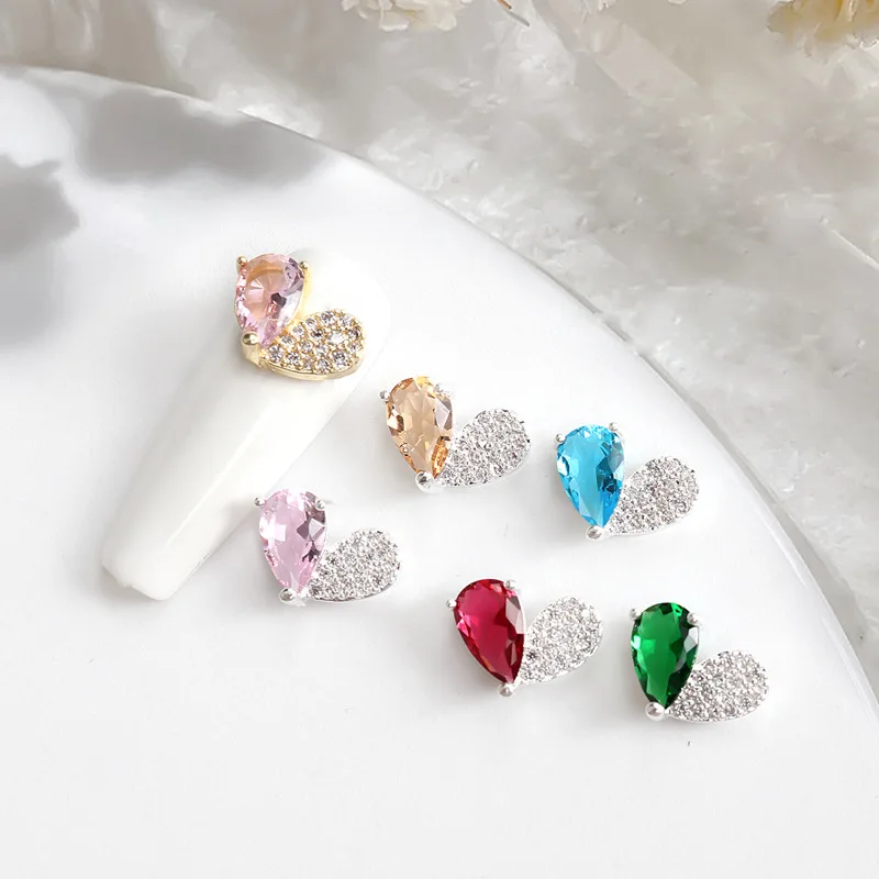 

2Pcs Luxury Full Diamond Zircon Designer Charms For Acrylic Nails 11.5x8mm Heart Shaped Nail Art Jewelry Ornament For Nails