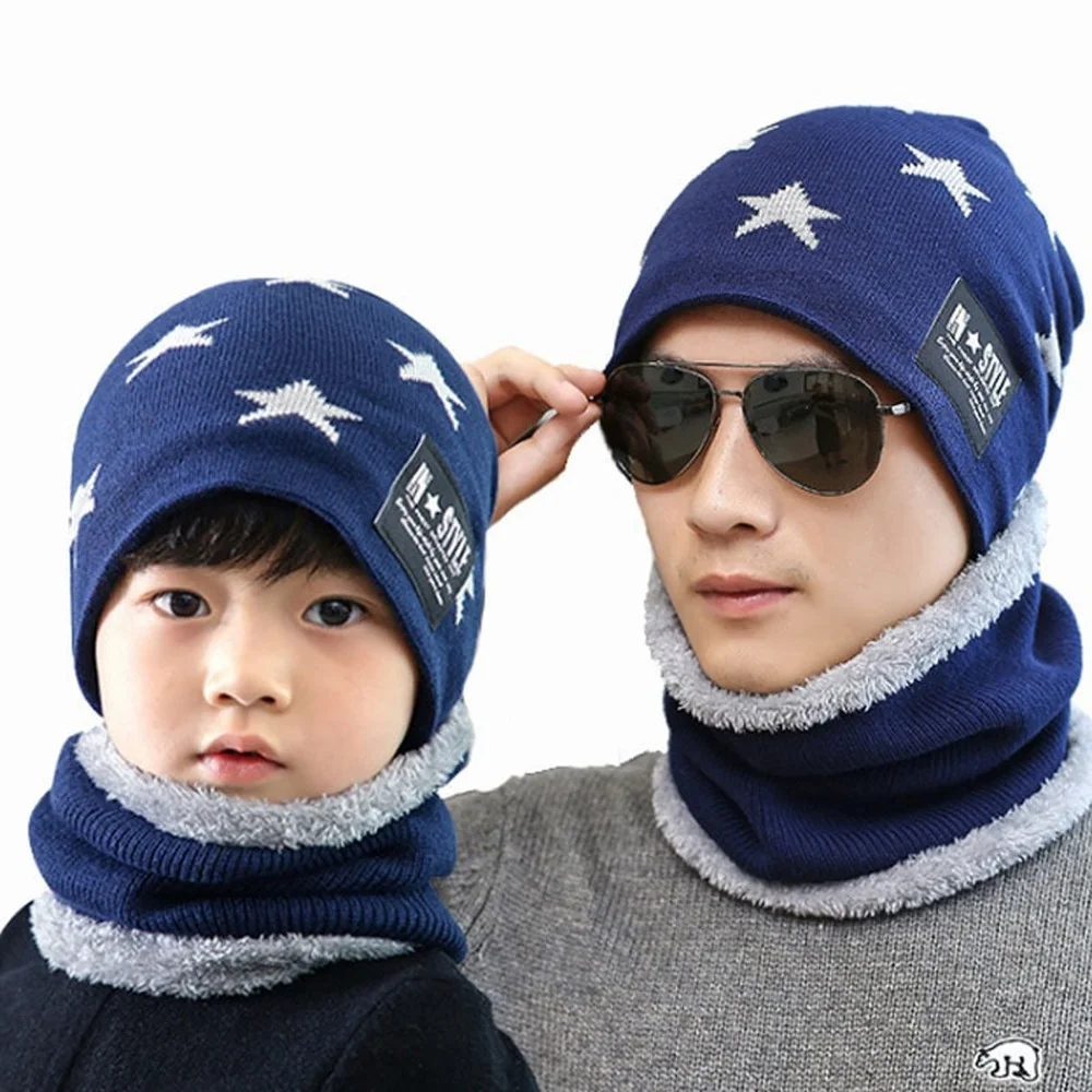

1 Piece Star Pattern Balaclava Hat with Earflaps Wool Cap Ski Mask Warm Knitted Parent-child Winter Head Hood Neckwarmer