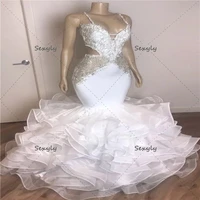 white mermaid black girls evening gown sexy spaghetti straps beaded plus size african prom dresses with ruffles aso ebi formal