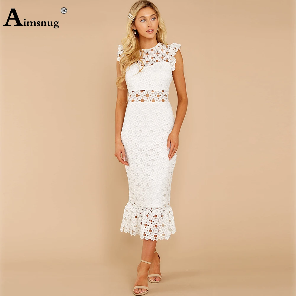 

Женское элегантное модное вечернее платье Aimsnug, платья без рукавов с юбкой-годе, Новинка лета 2022, ажурное кружевное платье до середины икры, ...
