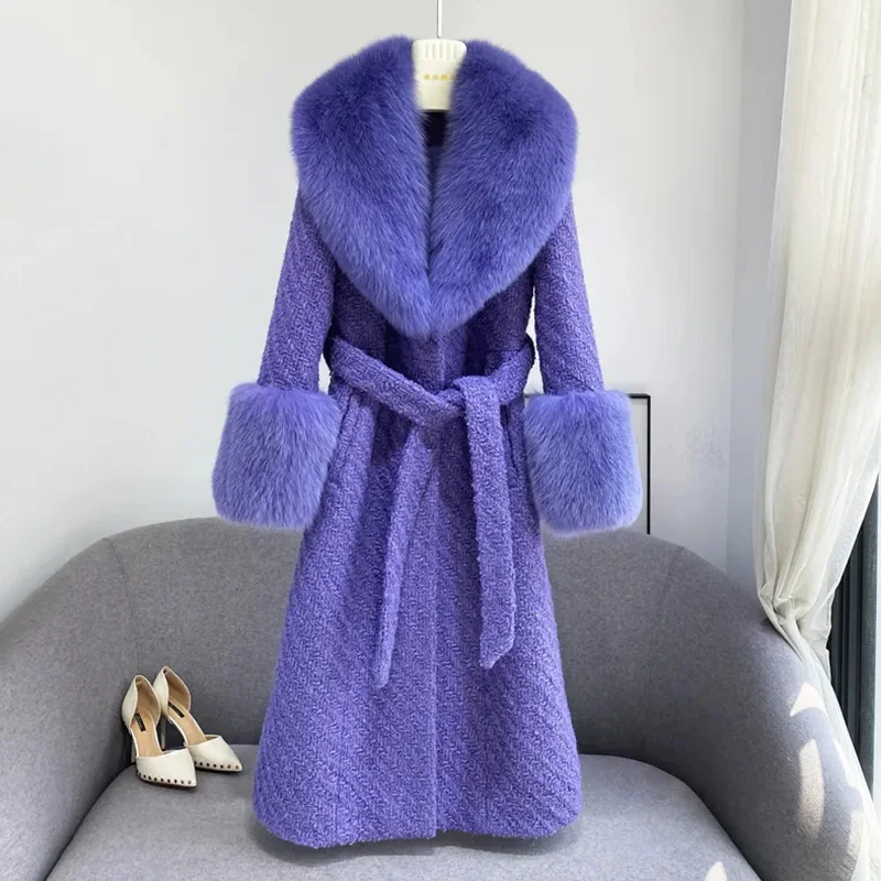 2022 Winter New Imported Fox Fur Collar Whole Fur Coat Women's Mid-Length Woolen Waist Thickening Temperament Coats Female