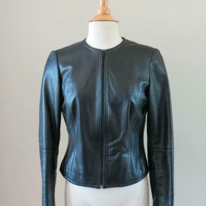 Women Genuine Sheepskin Black leather biker jacket cropped Fashion Jacket Coat