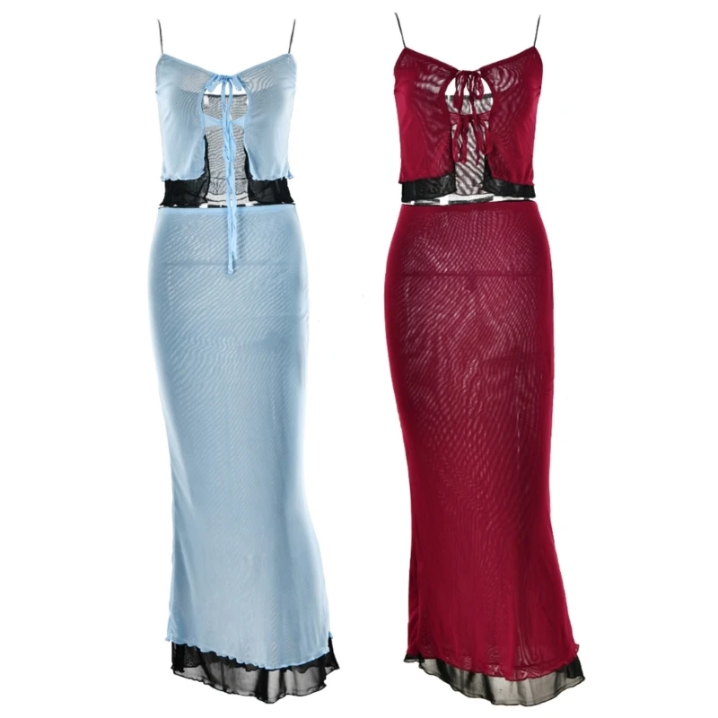 

L5YA Women Sleeveless Patchwork Camisole Sleeveless Breast Lace-up Open Back Suit