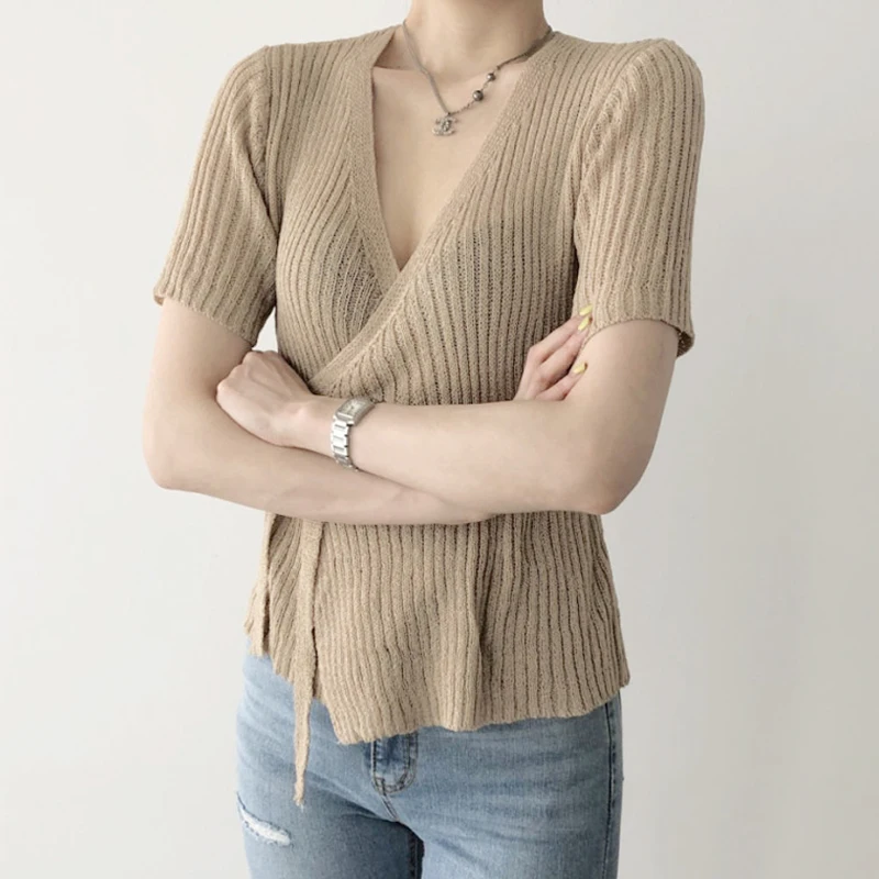 

Summer Cross V-Neck Shirts with Sashes Thin Ice Silk Knitwear Sexy Short Sleeve Tops Mujer 2023 Casual Slim Ladies Blouse 26376