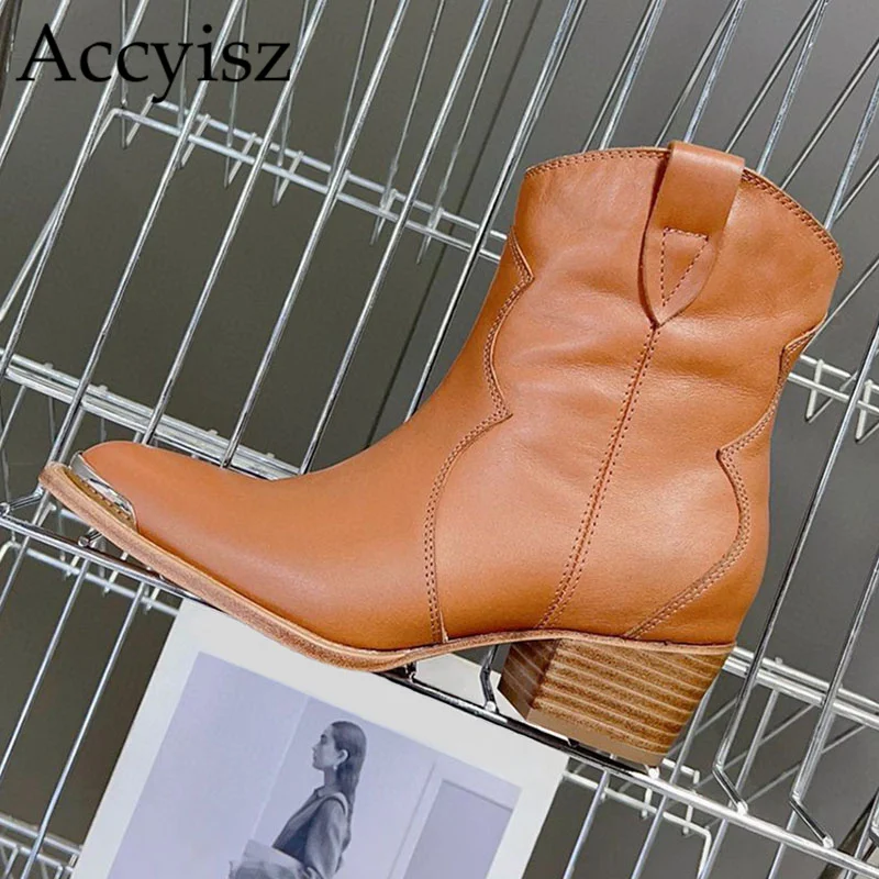 

2023 Pointed Toe Chunky High Heels Shoes Women Genuine Leather Metal Decor Short Boots Autumn Punk Style Western Cowboy Boots