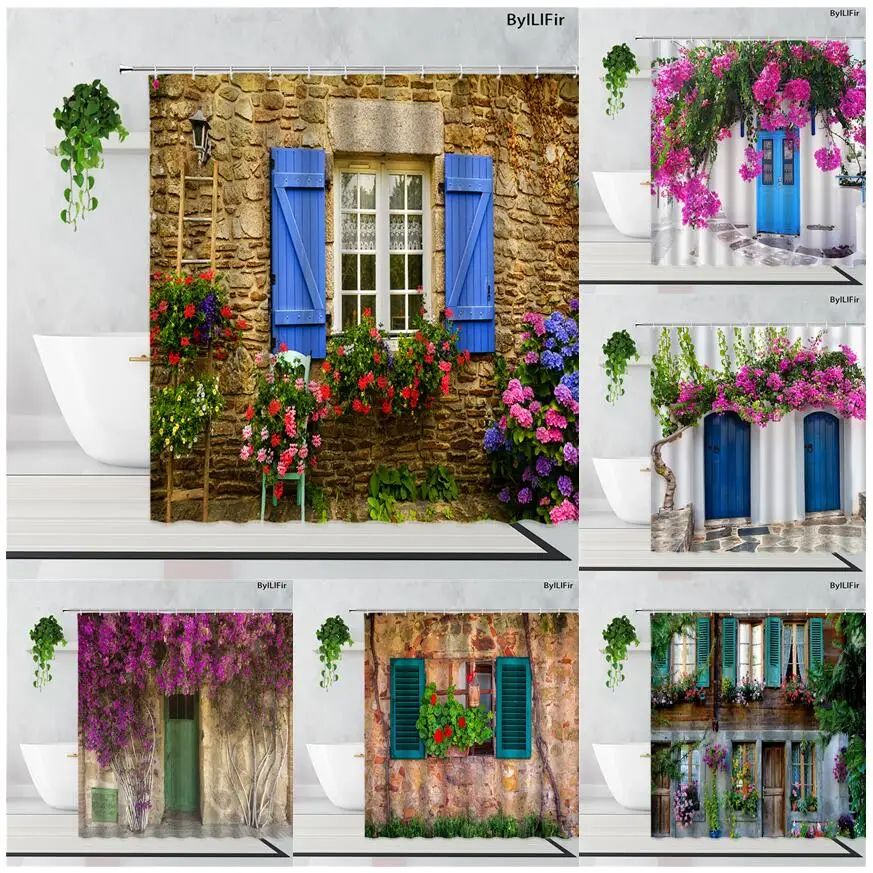 Italian Street Nature Flowers Shower Curtains Retro Brick Wall Floral Blue Window Wooden Door Modern Fabric Bathroom Decor Hooks