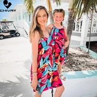 new 2022 mother daughter summer dresses sleeveless floral v neck beach dress mom mommy and me dress family matching outfits