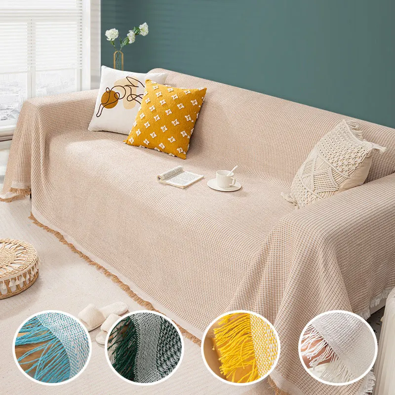 

Однотонное вязаное хлопковое покрывало для дивана, дизайнерское одеяло с кисточкой для кровати, декоративное большое покрывало на диван, покрывало из ниток