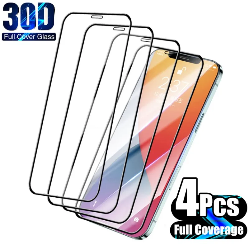

4PCS Full Cover Protective Glass for iPhone 13 12 11 Pro Max Mini Screen Protector for iPhone 7 8 Plus 6 6S SE 2020 X XR XS