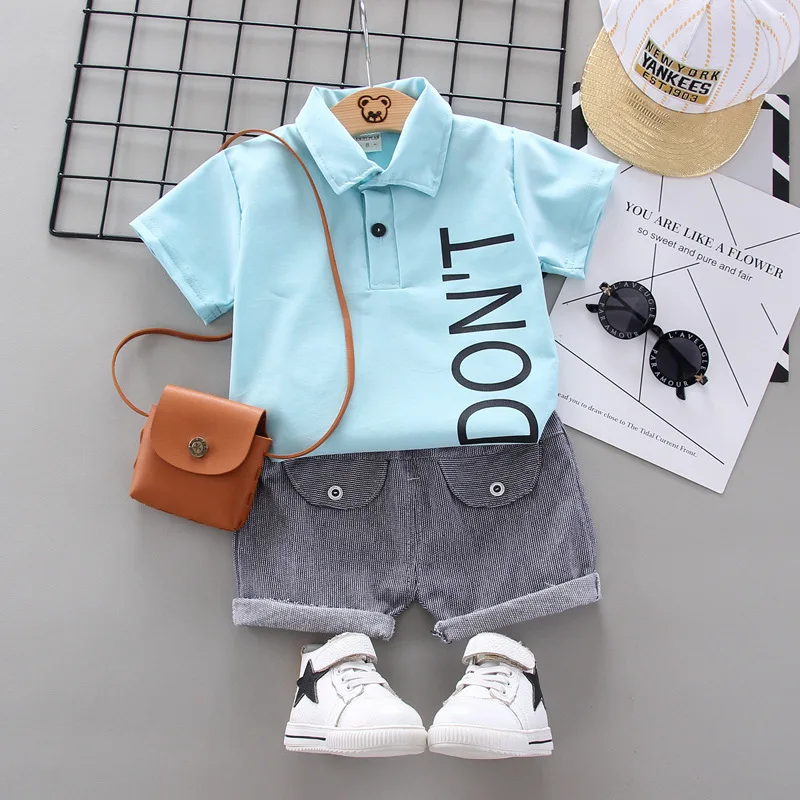 

Letter Print Shirt Turn Down Collar T-shirt Baby Boy Clothes Cotton Short Sleeve Denim Shorts Fashion Beach Shorts Casual Sets