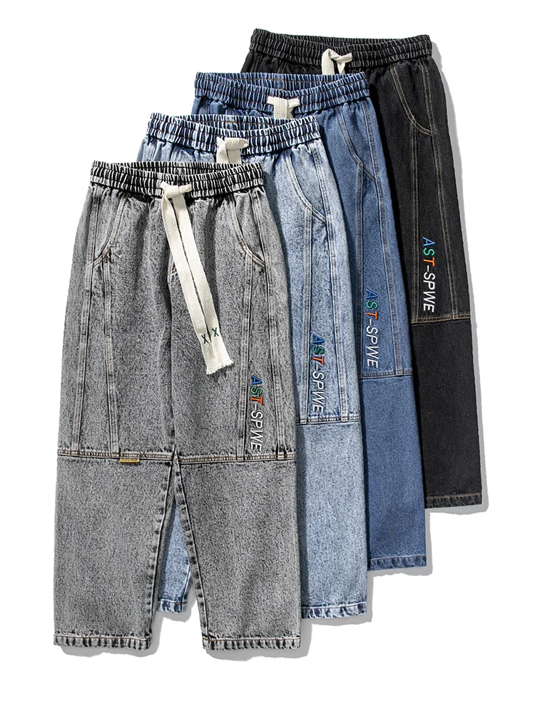 2023 New Trousers Loose Patchwork Denim Jogger Pants Mens Big Size 5XL Fashion Streetwear Baggy Drawstring Jean