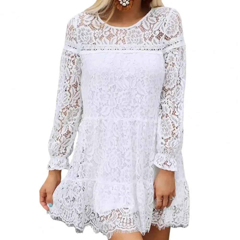 

Stylish Lace Dress Round Neck Perspective Cut Out Lace Hollow Short Dress Breathable Summer Dress Daily Clothing