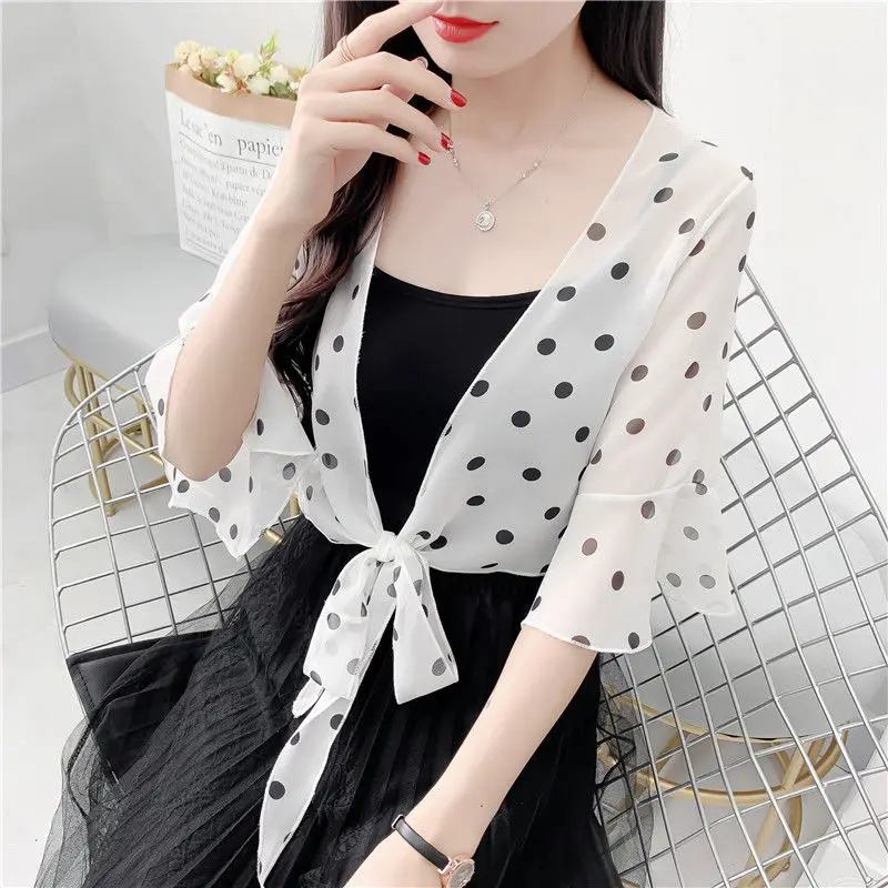

Fashion Printed Chiffon Loose Bandage Bow Polka Dot Shirt Female Clothing 2023 Spring New Casual Tops Flare Sleeve Sweet Blouse