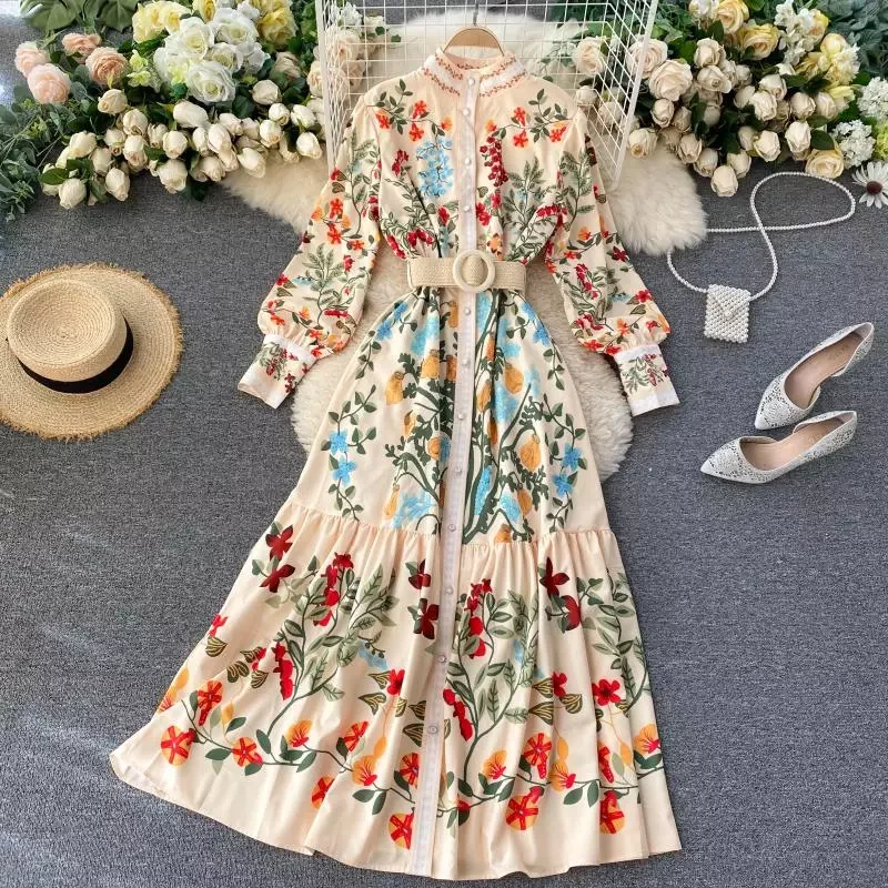 

SINGRAIN Women Vintage Print Dress Autumn Stand Collar Button Puff Sleeve Long Robe Fashion Chic Flower Streetwear Maxi Dresses
