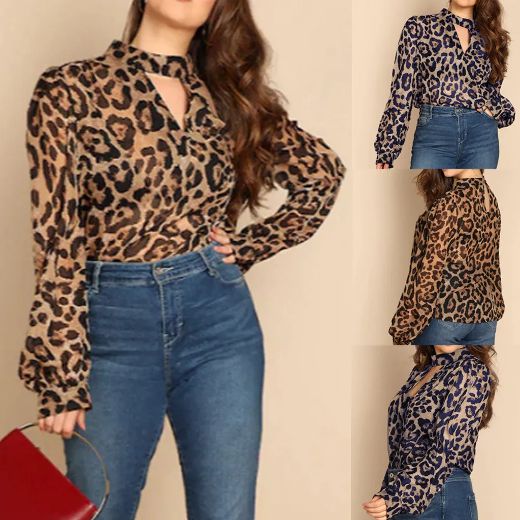 

Women Sexy Leopard Print Long Sleeve Hollow out Chiffon T-Shirt Blouse Tops