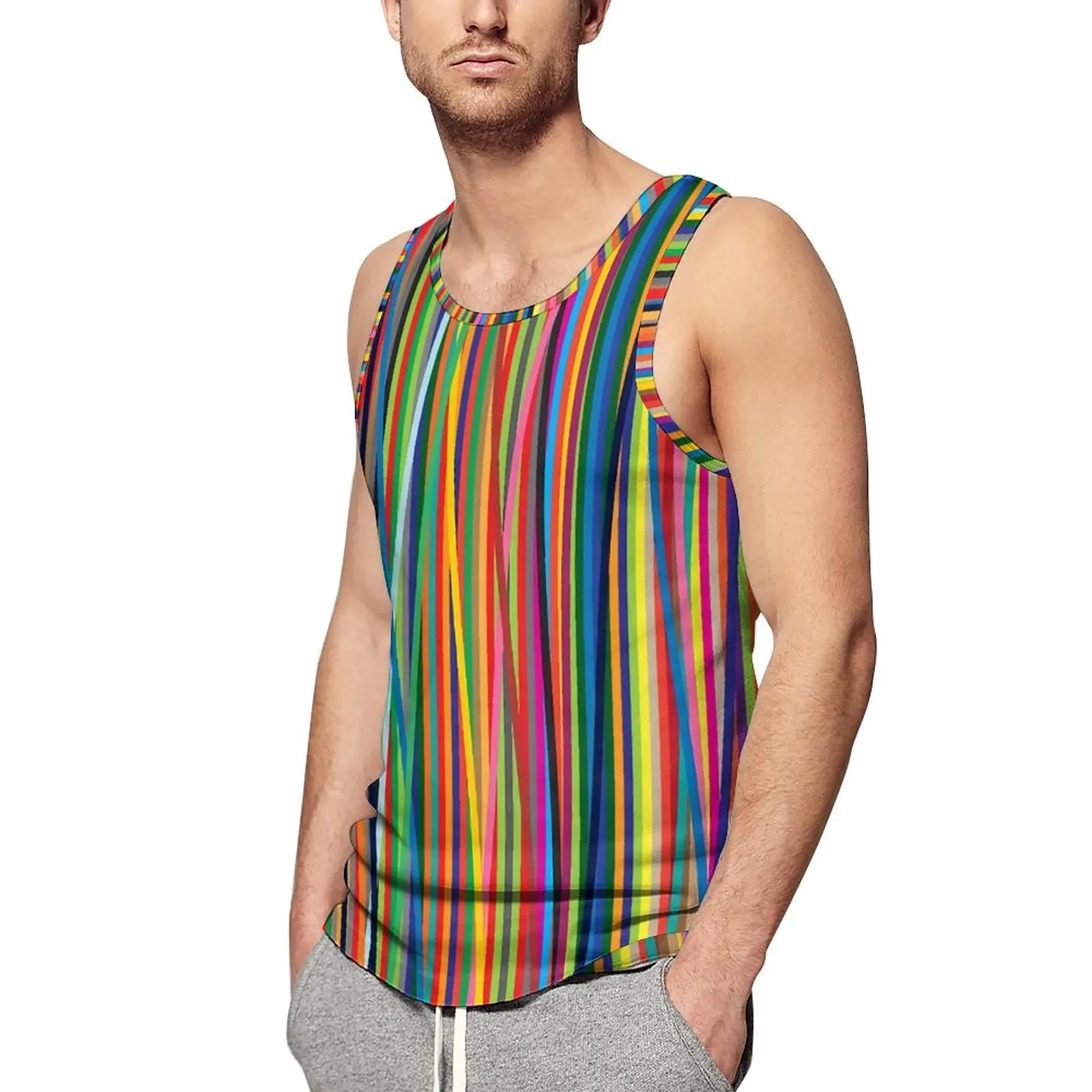 

Striped Design Tank Top Men Colorful Abstract Print Workout Oversize Tops Daily Trendy Graphic Sleeveless Vests