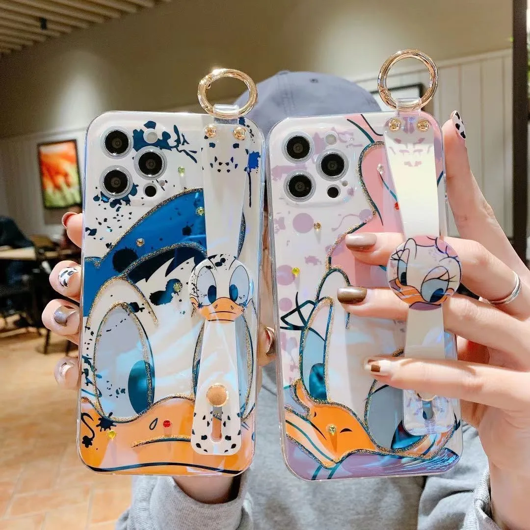 

Disney Donald and Daisy Duck with wrist strap holder Phone Cases For iPhone 13 12 11 Pro Max XR XS MAX 8 X 7 SE 2020 Back Cover